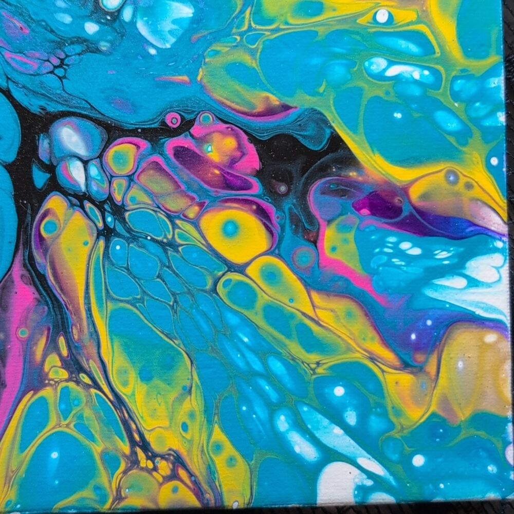 Handmade Acrylic Fluid Art Painting Teal Yellow Magenta Stretched Canvas 10"×10" - Picture 5 of 7